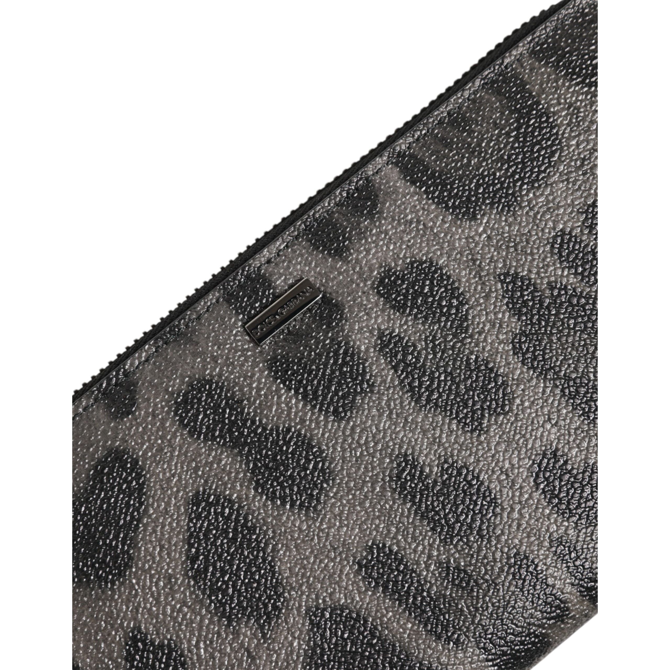 Dolce & Gabbana Black Grey Leopard Leather Zip Around Continental Wallet
