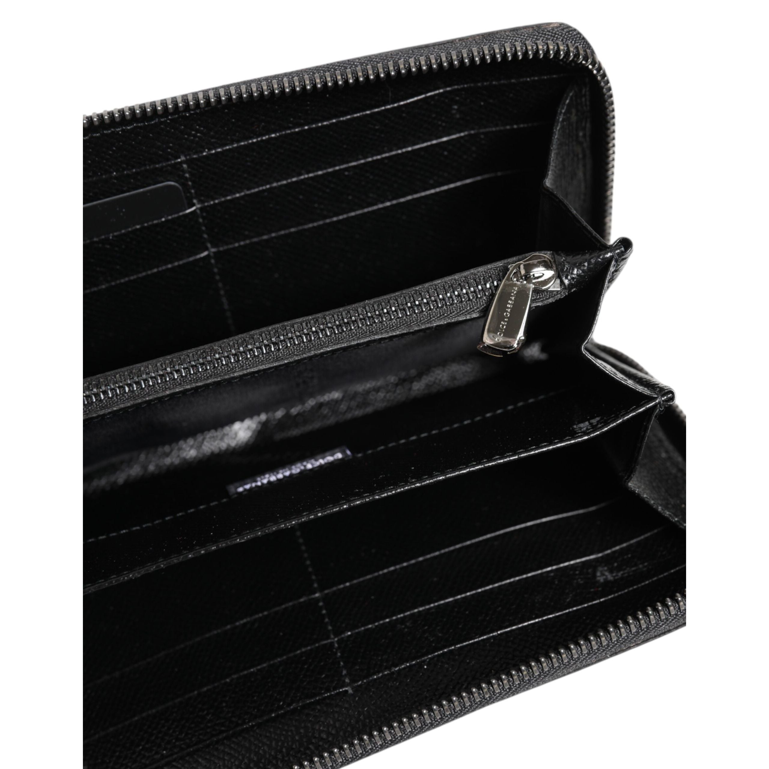 Dolce & Gabbana Black Grey Leopard Leather Zip Around Continental Wallet