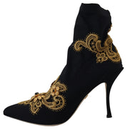Dolce & Gabbana Black Gold Embroidered Crystal Boots