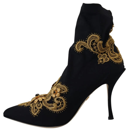 Dolce & Gabbana Black Gold Embroidered Crystal Boots