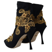 Dolce & Gabbana Black Gold Embroidered Crystal Boots