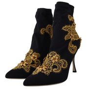 Dolce & Gabbana Black Gold Embroidered Crystal Boots