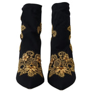 Dolce & Gabbana Black Gold Embroidered Crystal Boots