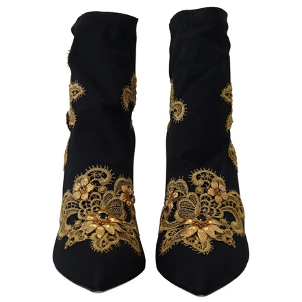 Dolce & Gabbana Black Gold Embroidered Crystal Boots