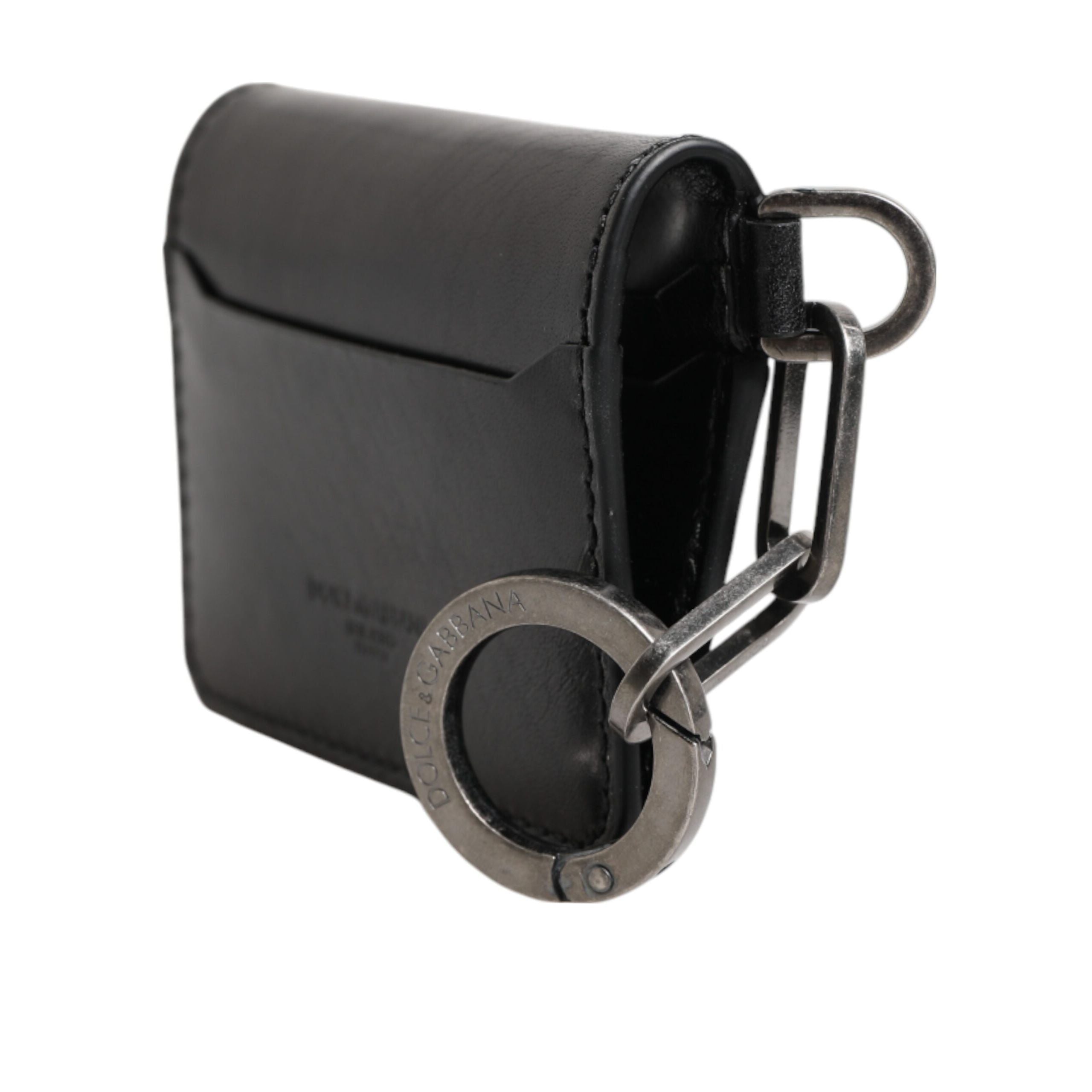 Dolce & Gabbana Wallet Black Leather Logo Embossed Key Chain Card Holder Wallet