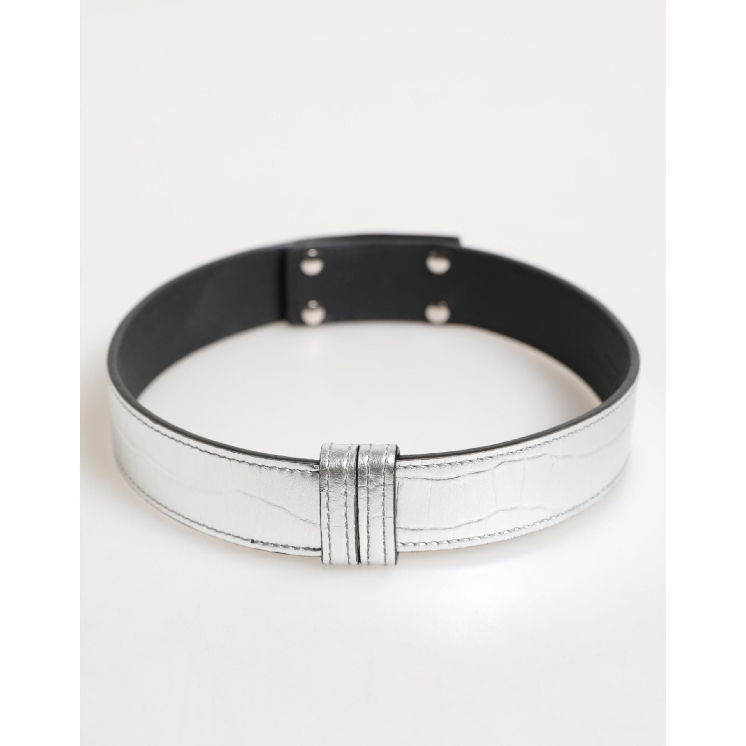 Dolce & Gabbana Silver Textured Leather Gold Tone Metal Neckband