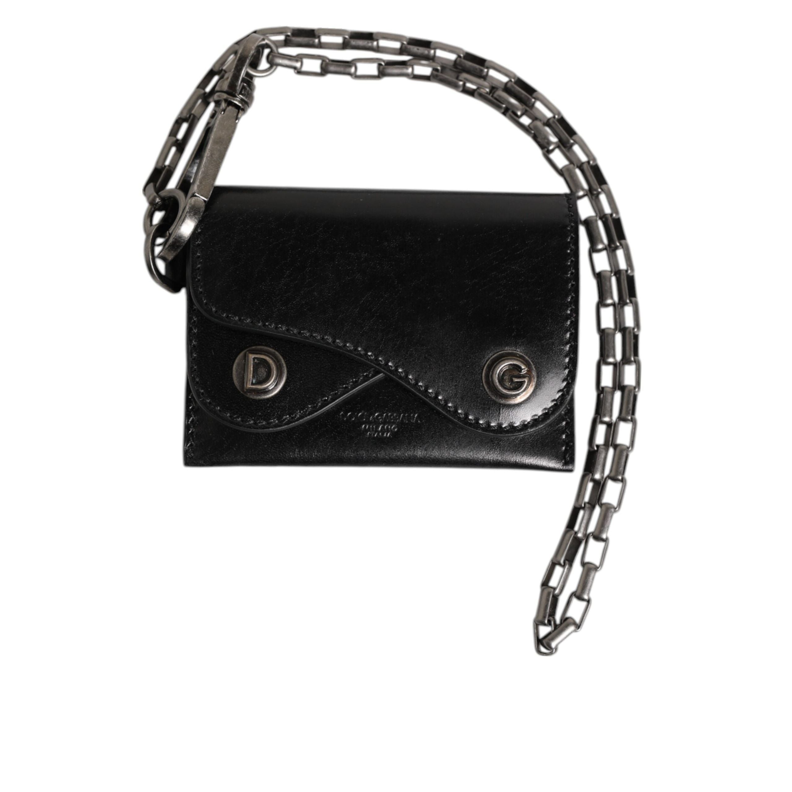 Portofel Dolce & Gabbana din piele neagră Cavallo cu lanț și închidere prin capse, bifold, cu suport pentru carduri