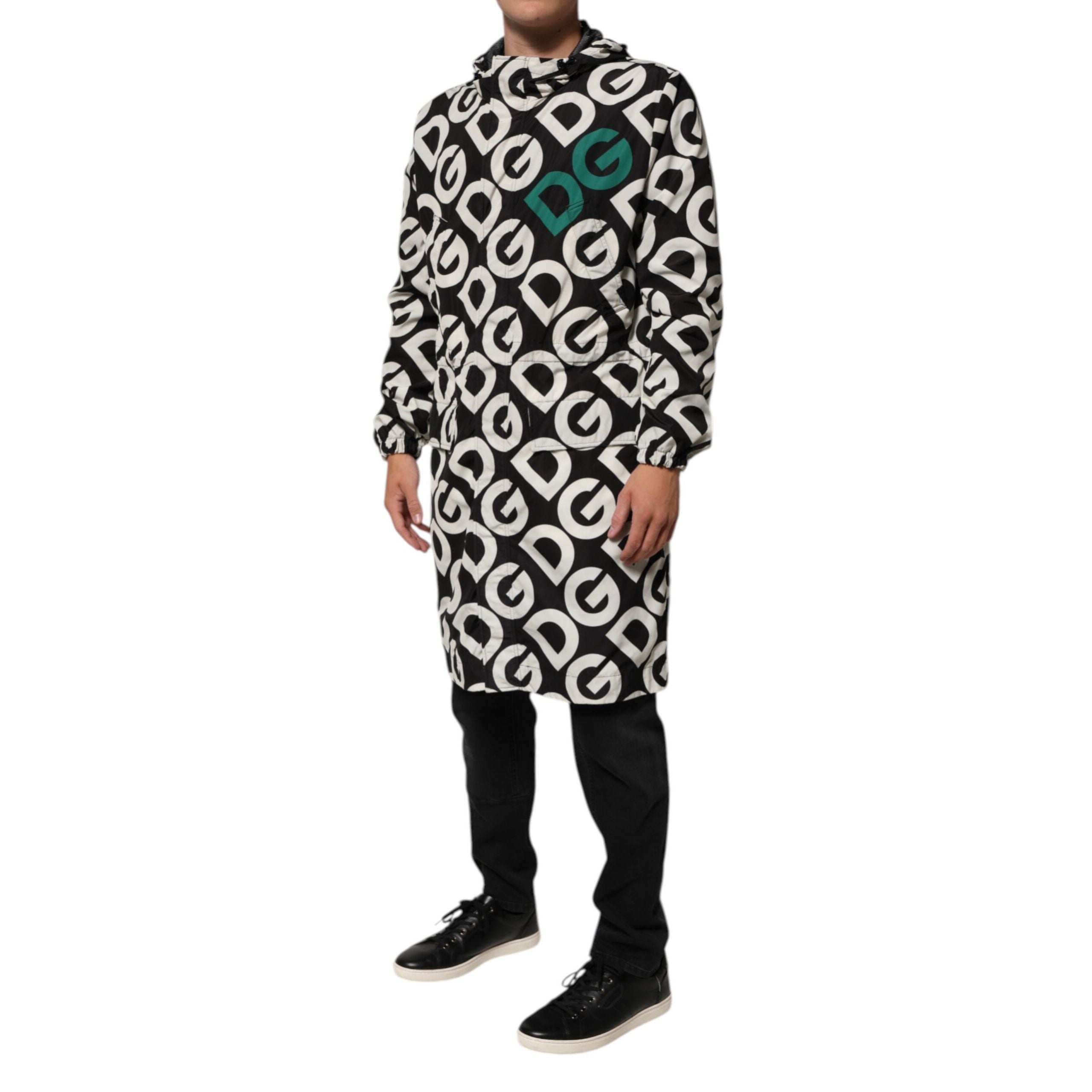 Dolce & Gabbana Black White Logo Print Hooded Coat Jacket