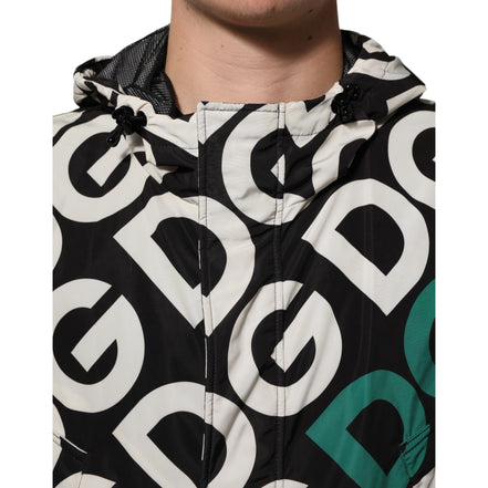 Dolce & Gabbana Black White Logo Print Hooded Coat Jacket