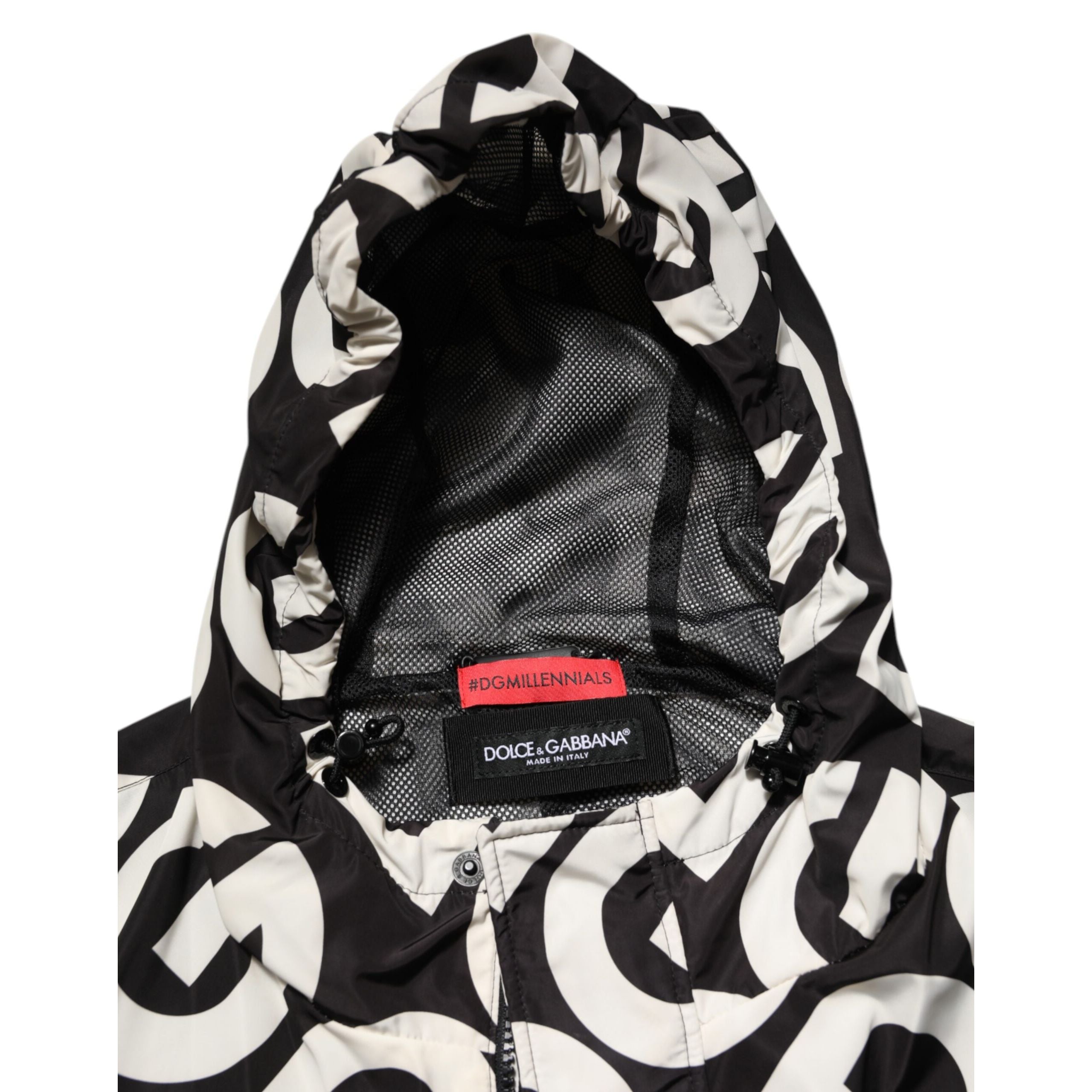 Dolce & Gabbana Black White Logo Print Hooded Coat Jacket