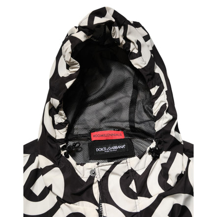 Dolce & Gabbana Black White Logo Print Hooded Coat Jacket