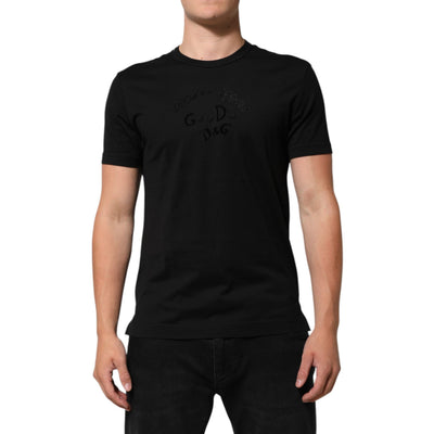 Tricou Dolce & Gabbana negru din catifea de bumbac cu imprimeu logo