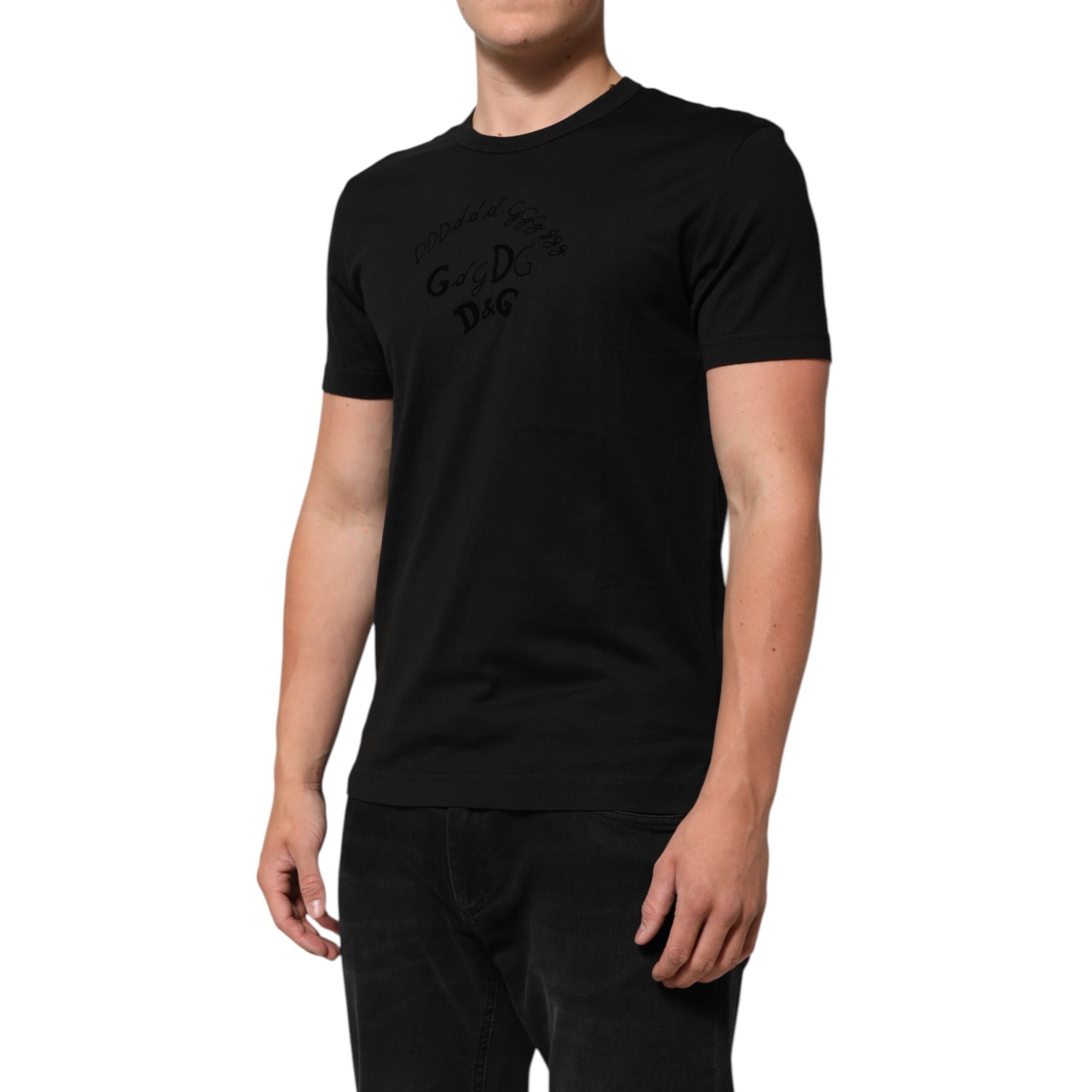 Tricou Dolce & Gabbana negru din catifea de bumbac cu imprimeu logo