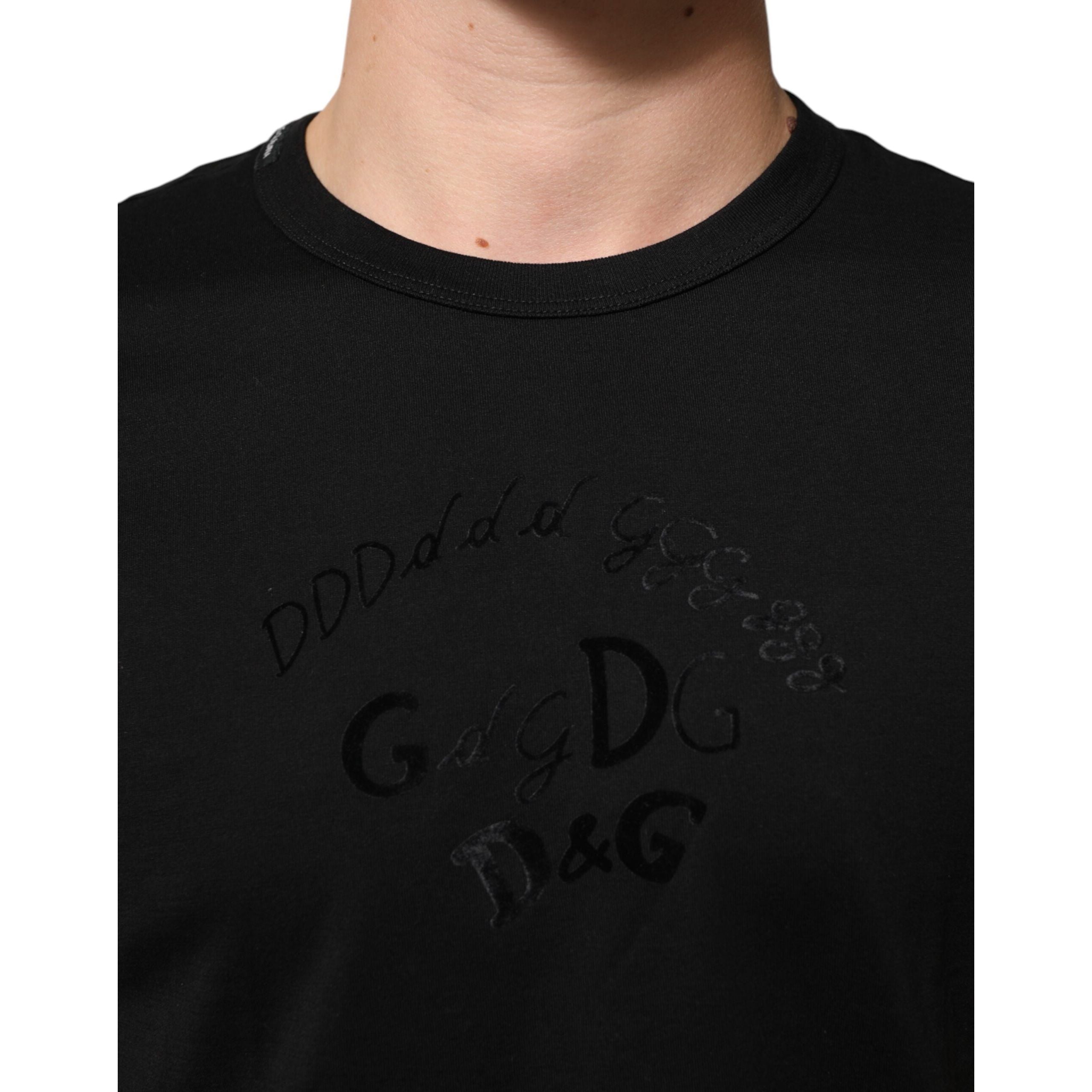 Tricou Dolce & Gabbana negru din catifea de bumbac cu imprimeu logo
