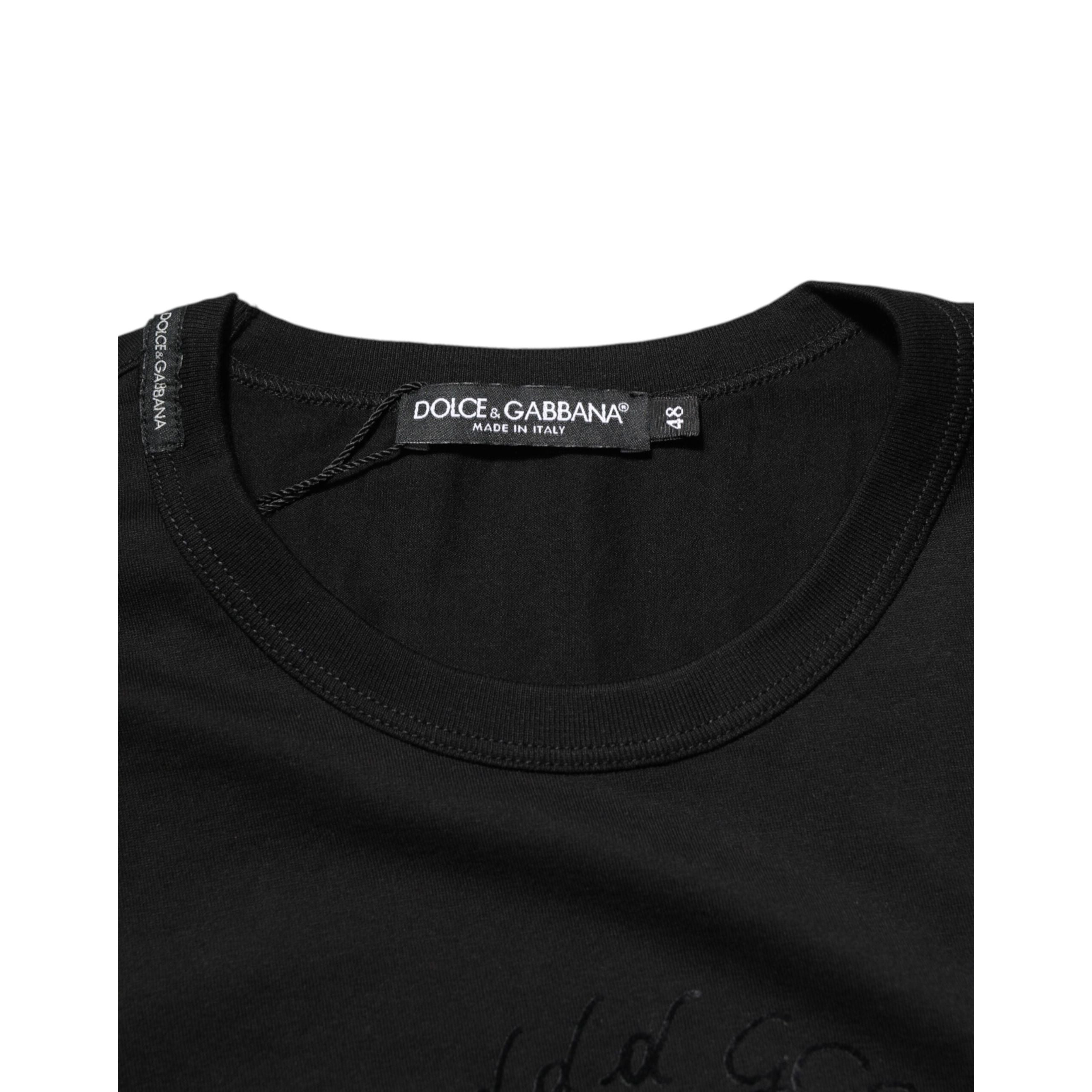 Tricou Dolce & Gabbana negru din catifea de bumbac cu imprimeu logo