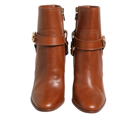 Cizme Dolce & Gabbana maro din piele cu cataramă și logo DG, până la gleznă