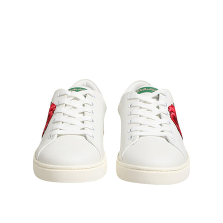 Adidași Dolce & Gabbana joși din piele albă, cu broderie trandafir