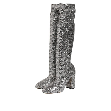 Dolce & Gabbana Silver Sequin Glitter High Heel Boots
