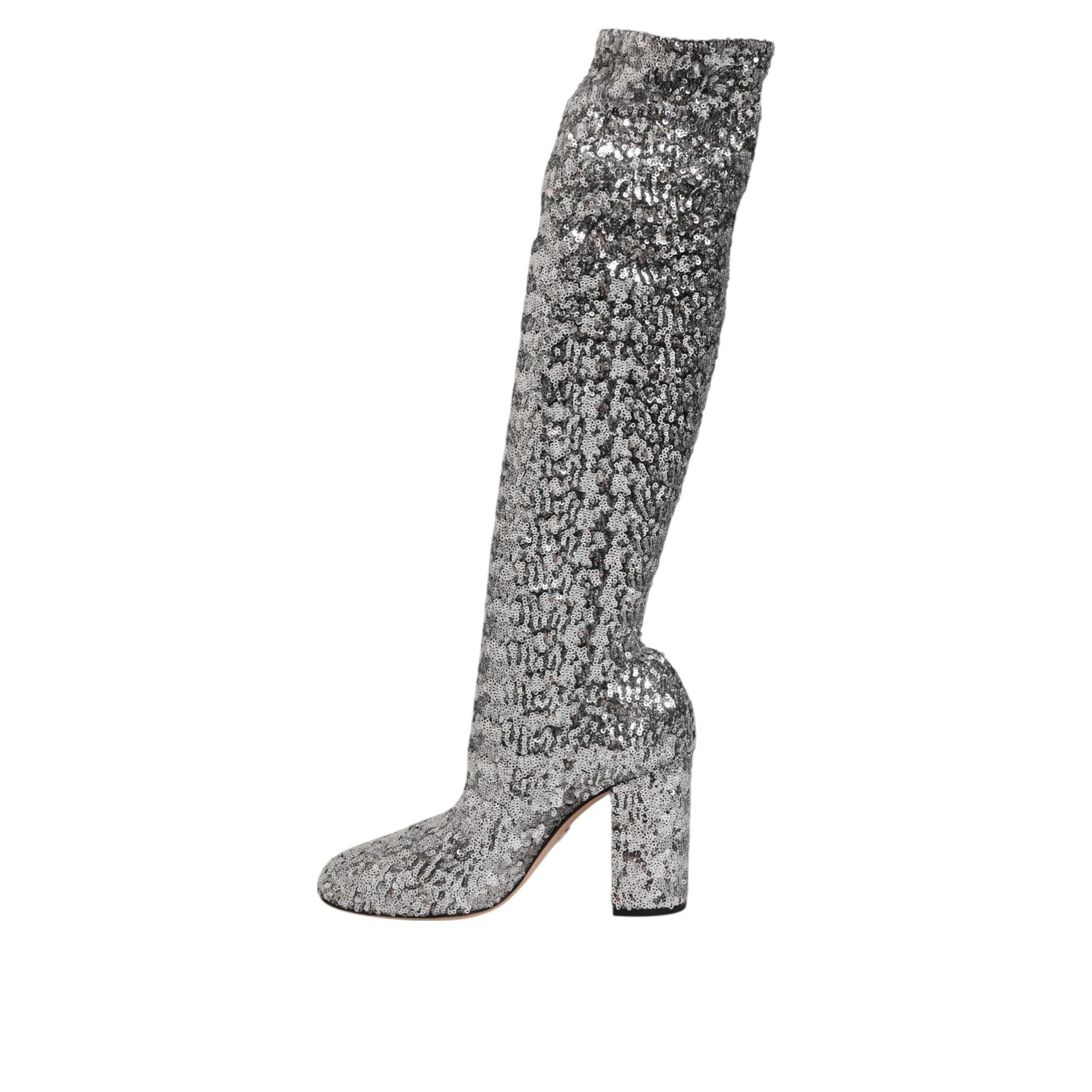 Dolce & Gabbana Silver Sequin Glitter High Heel Boots