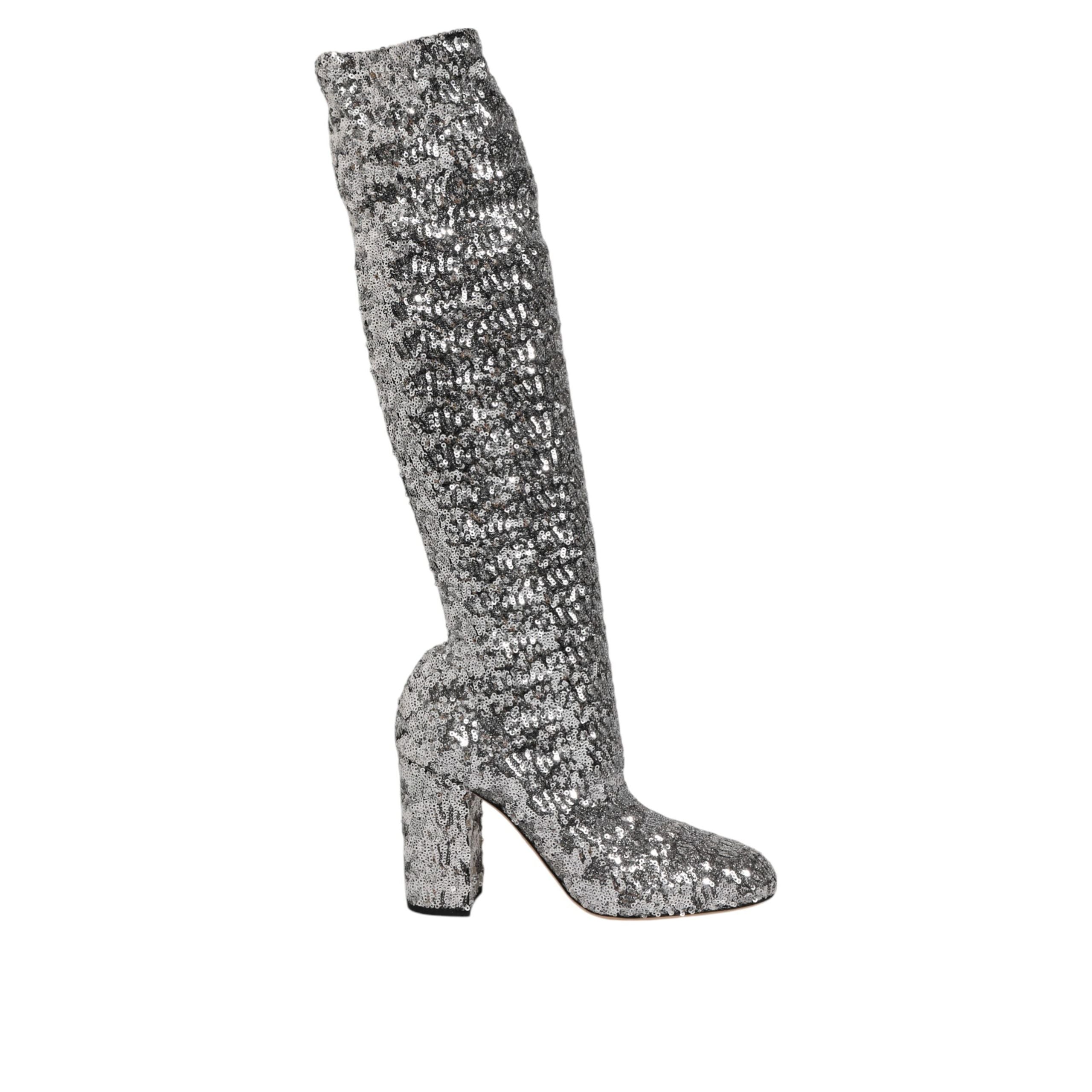Dolce & Gabbana Silver Sequin Glitter High Heel Boots