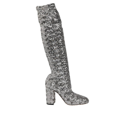 Dolce & Gabbana Silver Sequin Glitter High Heel Boots