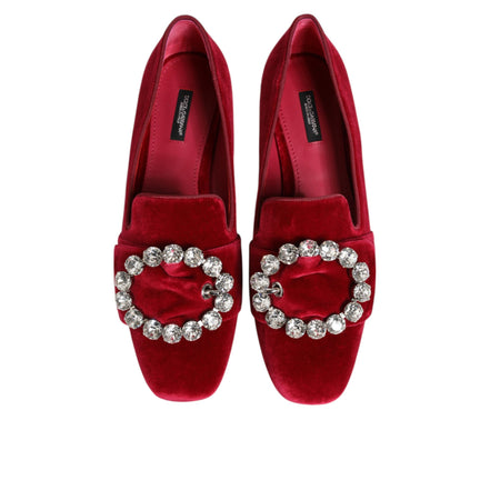 Dolce & Gabbana Red Velvet Crystal Buckle Loafers