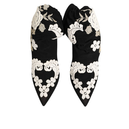 Dolce & Gabbana Black White Embroidered Jersey Stiletto Boots