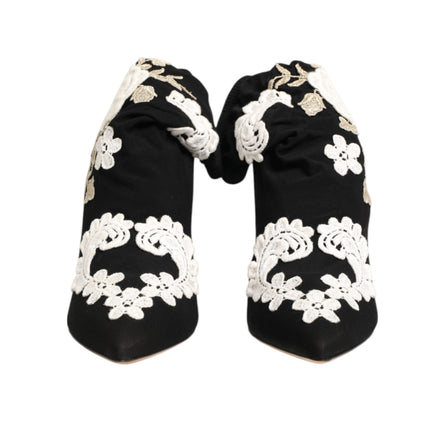 Dolce & Gabbana Black White Embroidered Jersey Stiletto Boots