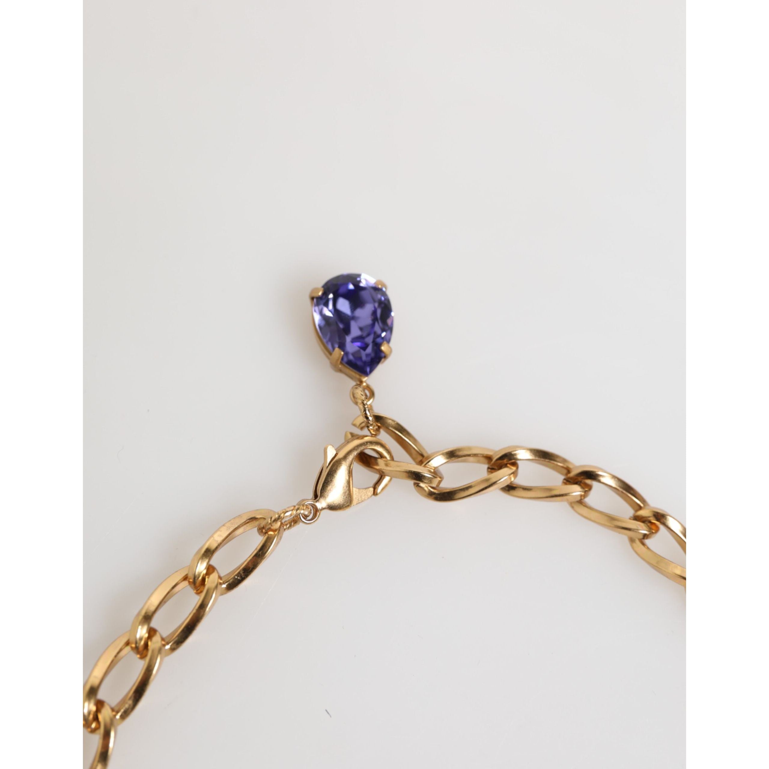 Dolce & Gabbana Gold Brass Crystal Pearl Purple Floral Pendant Jewelry Necklace