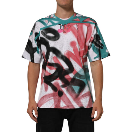 Tricou Dolce & Gabbana cu mânecă scurtă, guler rotund, alb, cu imprimeu Graffiti