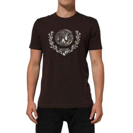 Tricou Dolce & Gabbana maro, cu guler rotund și imprimeu cu monede și lauri
