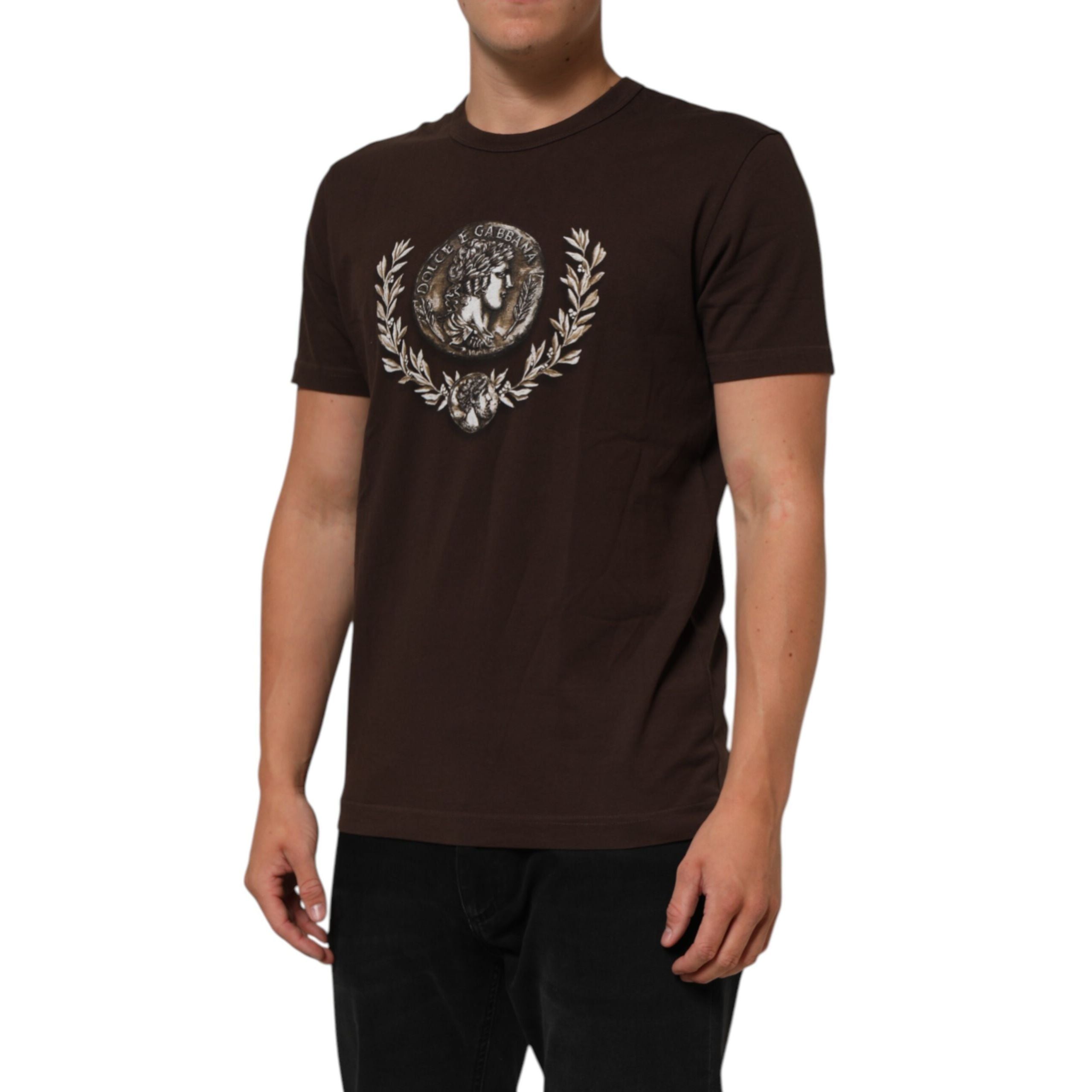 Dolce & Gabbana Brown Coin Laurel Print Crew Neck T-shirt