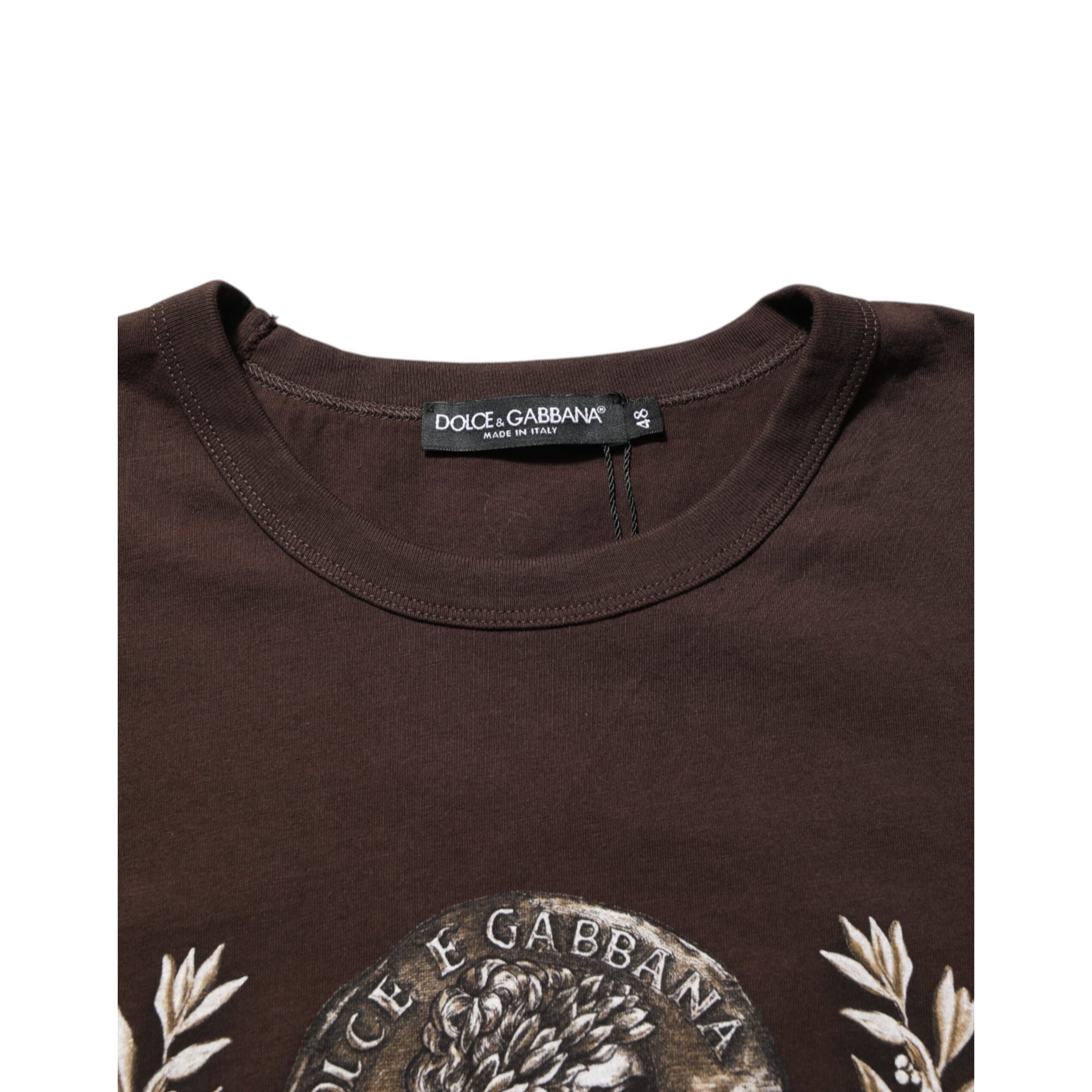 Dolce & Gabbana Brown Coin Laurel Print Crew Neck T-shirt
