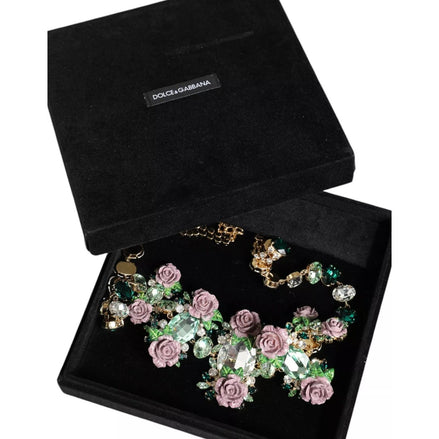 Colier Dolce & Gabbana cu lanț din zale din alamă aurie și cristal petală de trandafir
