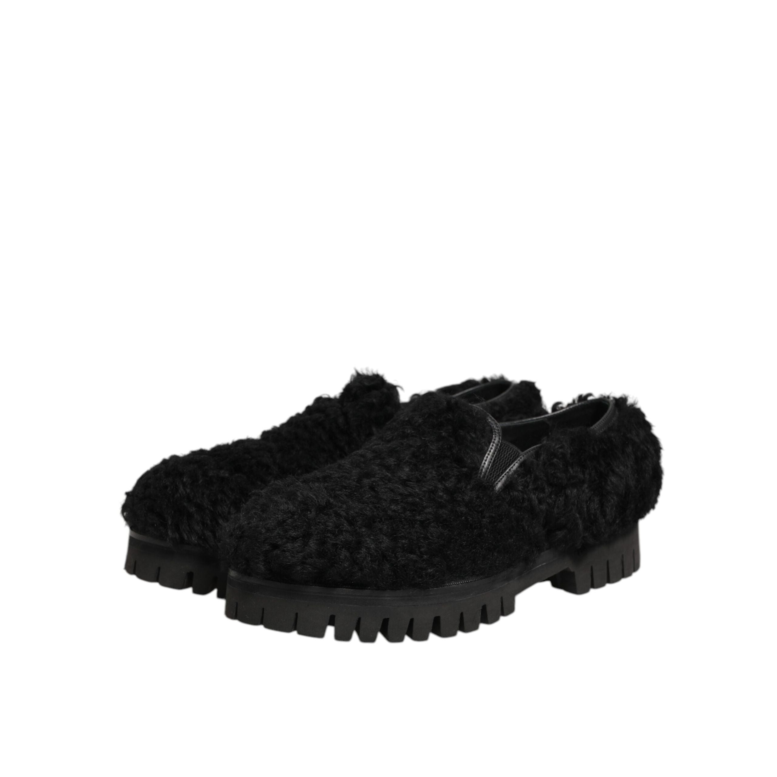 Dolce & Gabbana Dress Black Fur Leather Slippers