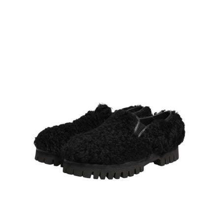 Dolce & Gabbana Dress Black Fur Leather Slippers