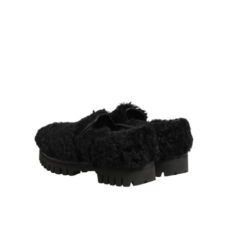 Dolce & Gabbana Dress Black Fur Leather Slippers