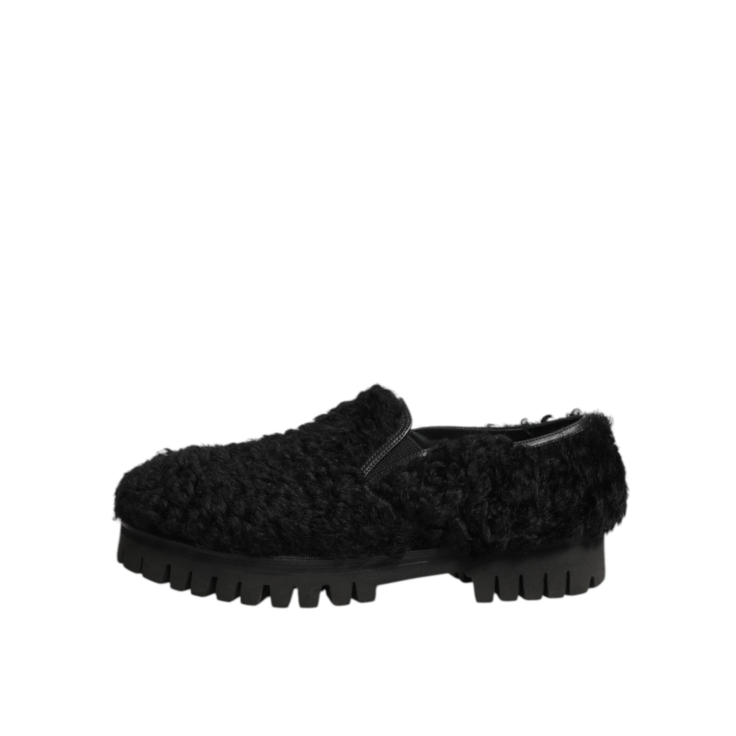 Dolce & Gabbana Dress Black Fur Leather Slippers