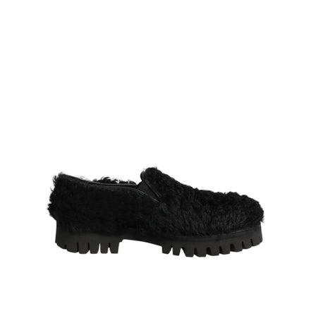 Dolce & Gabbana Dress Black Fur Leather Slippers