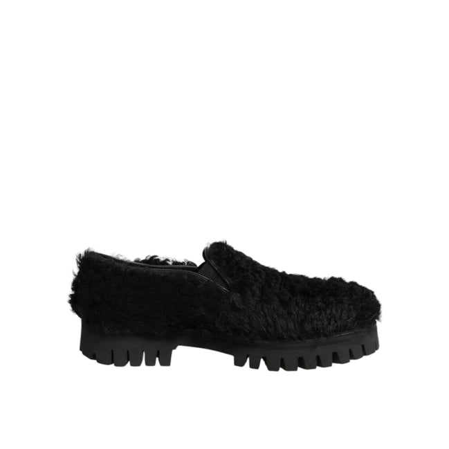 Dolce & Gabbana Dress Black Fur Leather Slippers