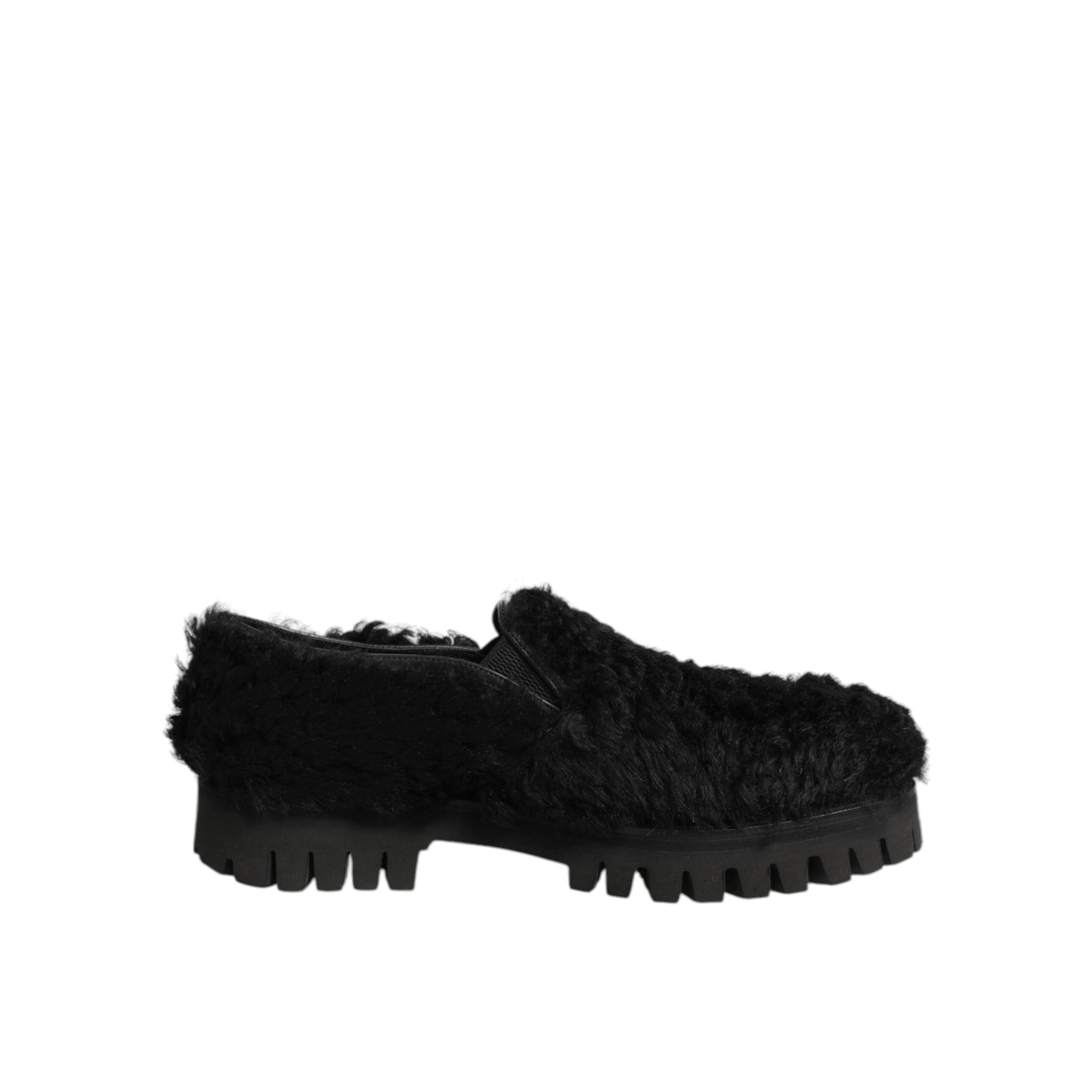 Dolce & Gabbana Dress Black Fur Leather Slippers