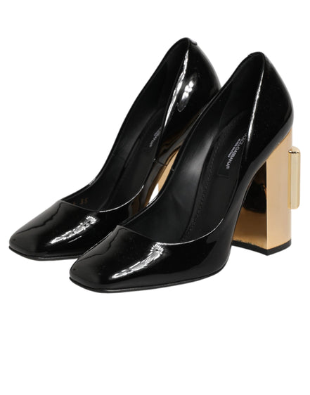 Dolce & Gabbana Pantofi cu Toc Negri-Aurii din Piele Lăcuită cu Logo