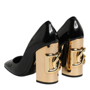 Dolce & Gabbana Pantofi cu Toc Negri-Aurii din Piele Lăcuită cu Logo