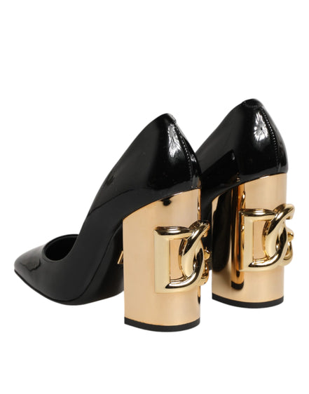 Dolce & Gabbana Pantofi cu Toc Negri-Aurii din Piele Lăcuită cu Logo