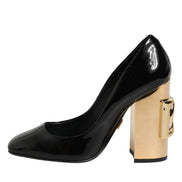 Dolce & Gabbana Pantofi cu Toc Negri-Aurii din Piele Lăcuită cu Logo