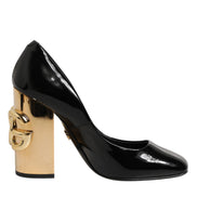 Dolce & Gabbana Pantofi cu Toc Negri-Aurii din Piele Lăcuită cu Logo