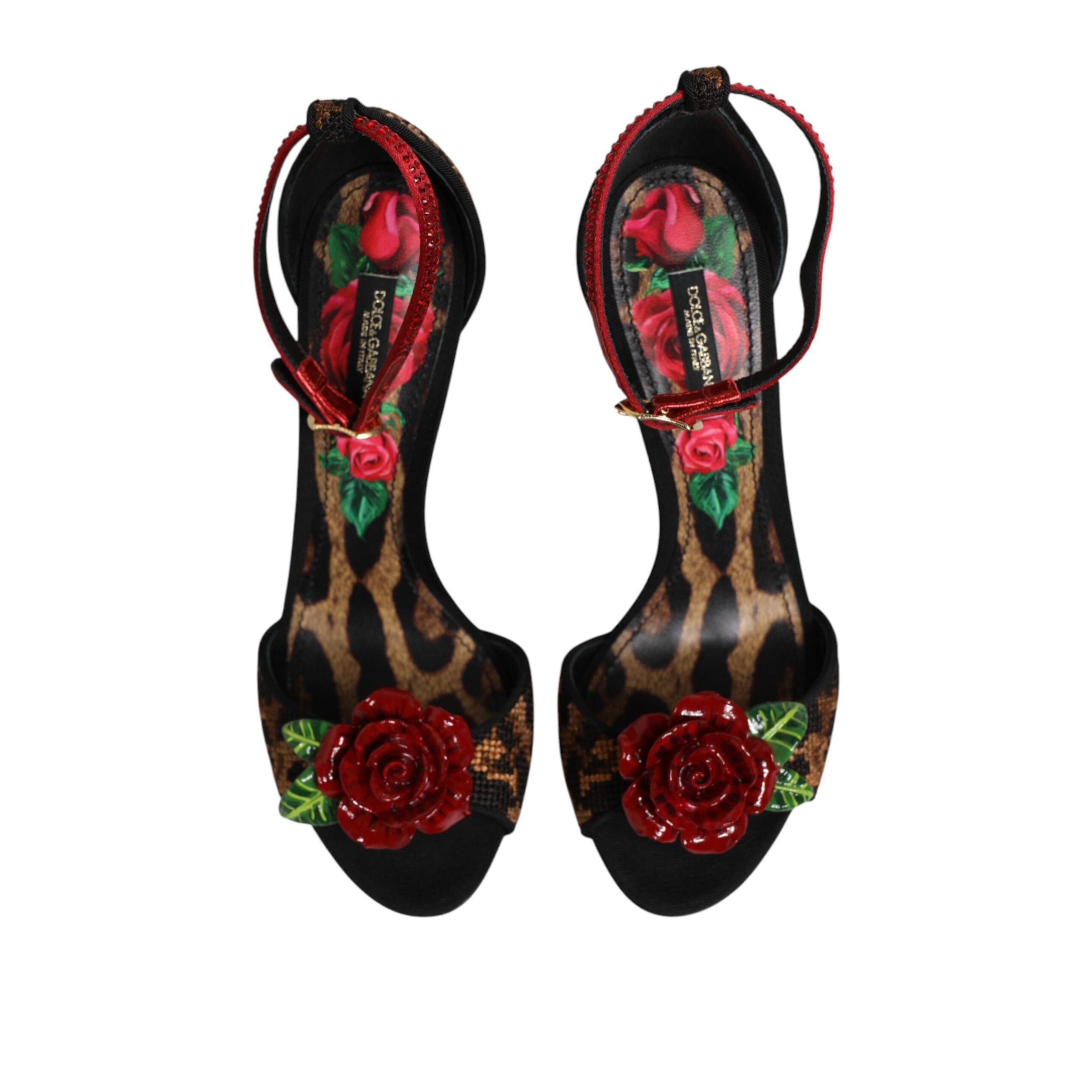 Sandale Dolce & Gabbana maro leopard cu cristale și trandafiri