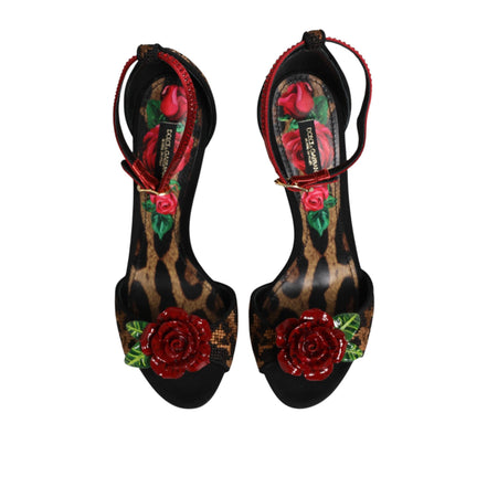 Sandale Dolce & Gabbana maro leopard cu cristale și trandafiri