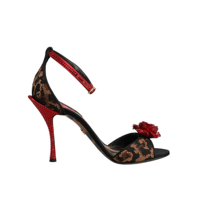 Sandale Dolce & Gabbana maro leopard cu cristale și trandafiri