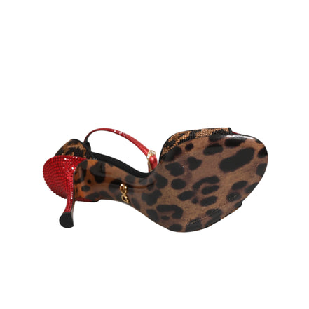 Sandale Dolce & Gabbana maro leopard cu cristale și trandafiri